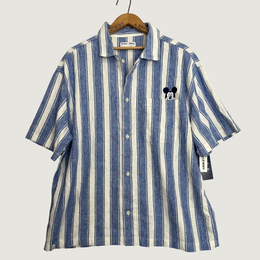 Old Navy Disney Mickey Mouse Linen Blend Striped Button Up‎ Shirt Blue White NWT